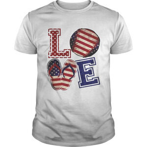 Love Baseball Softball Flip Flops Usa Flag 4Th Of July Shirt